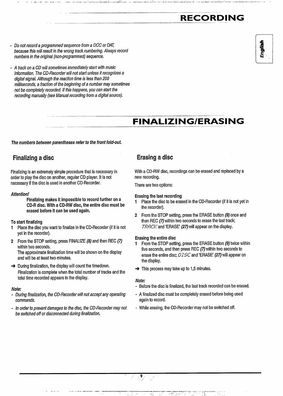 Finalizing/erasing, Finalizing a disc, Inalizing | Rasing, Recording, Finalizing a disc erasing a disc | Philips CDR880BK User Manual | Page 15 / 19