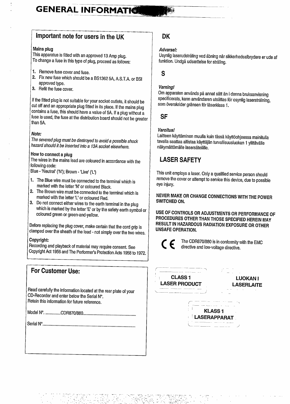General informati, Laser safety, For customer use | Philips CDR880BK User Manual | Page 2 / 19