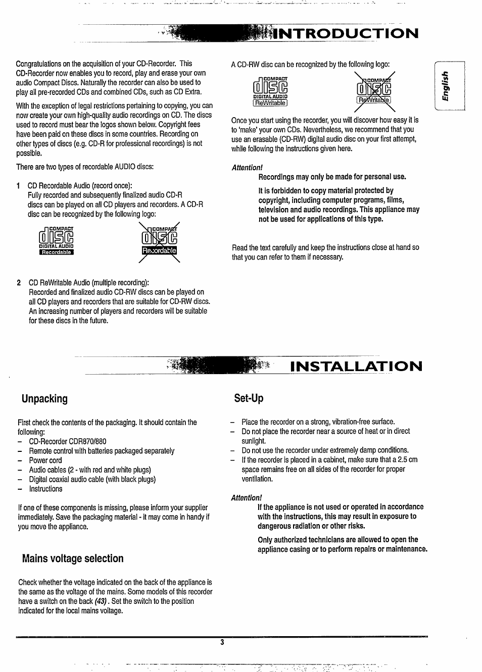 Llloge, Installation, Unpacking | Mains voltage selection, Lintroduction, Unpacking set-up | Philips CDR880BK User Manual | Page 9 / 19