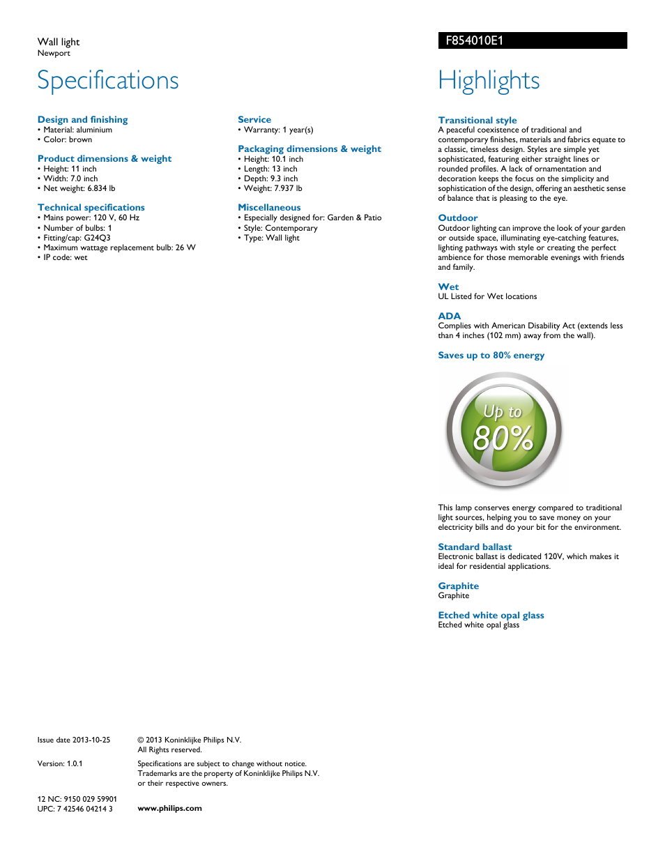 Specifications, Highlights | Philips F854010E1 User Manual | Page 2 / 2