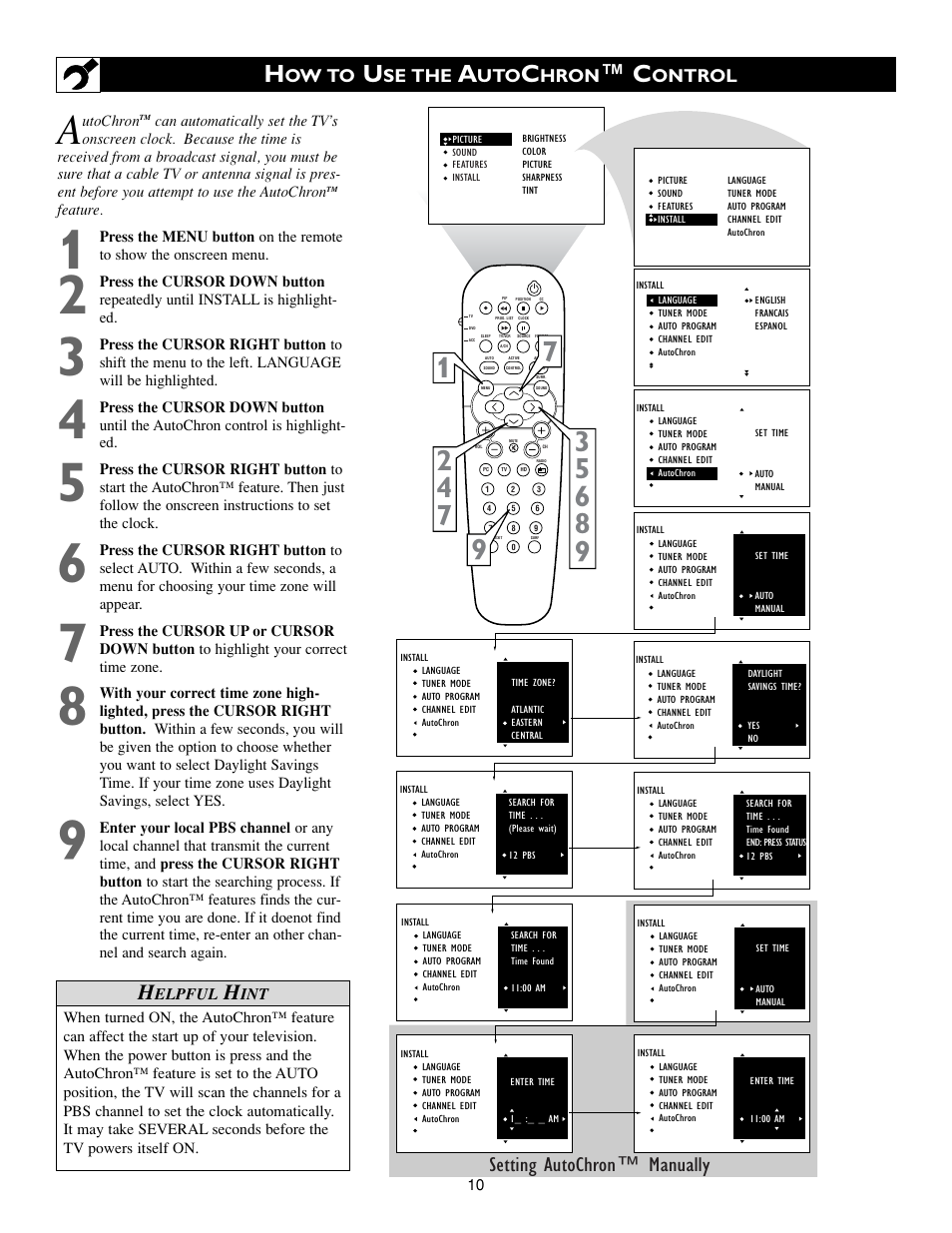 Setting autochron™ manually, Ow to, Se the | Hron, Ontrol | Philips 15PF9936-37B User Manual | Page 10 / 62