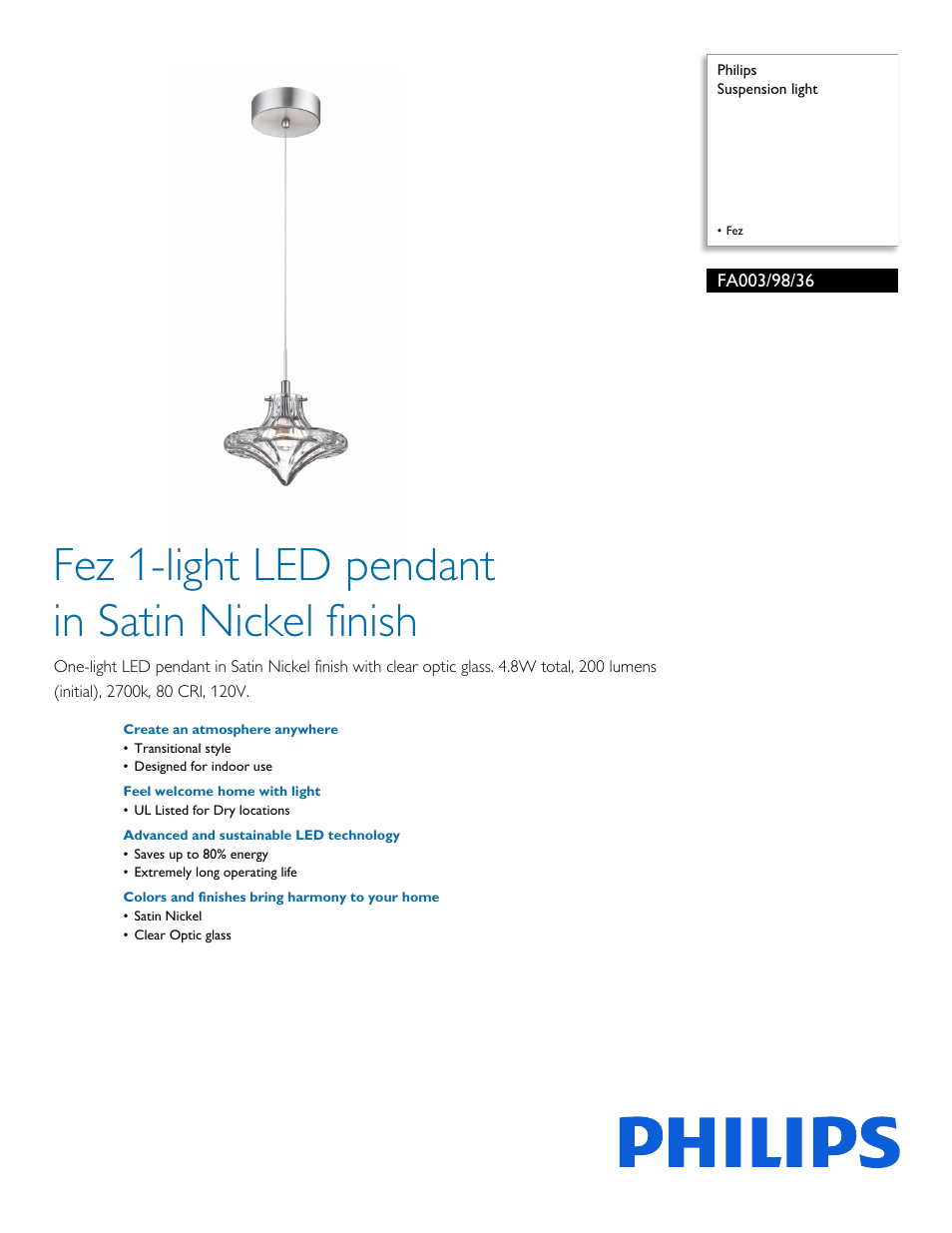 Philips Forecast Suspension light FA003-98-36 Fez User Manual | 2 pages