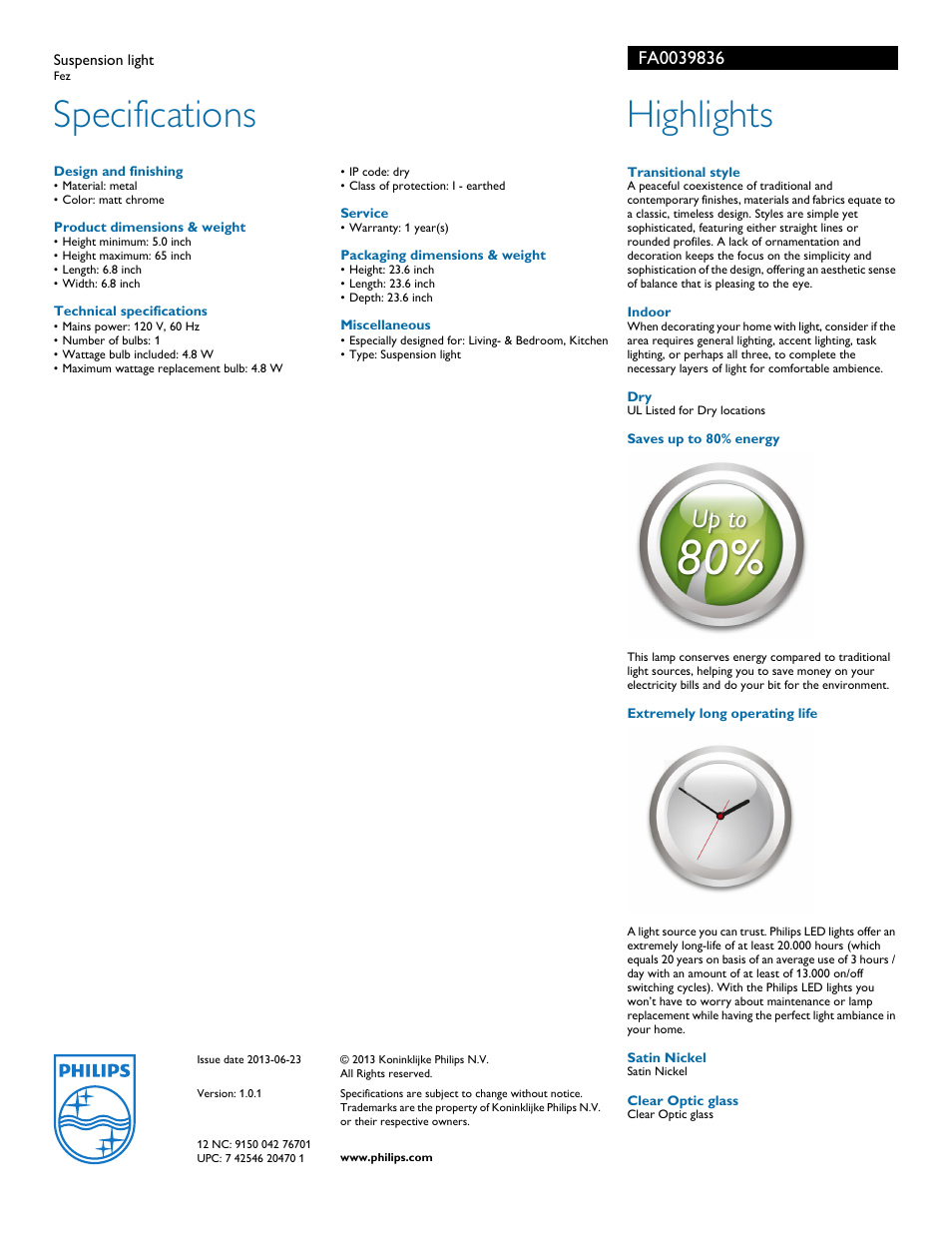 Specifications, Highlights | Philips Forecast Suspension light FA003-98-36 Fez User Manual | Page 2 / 2