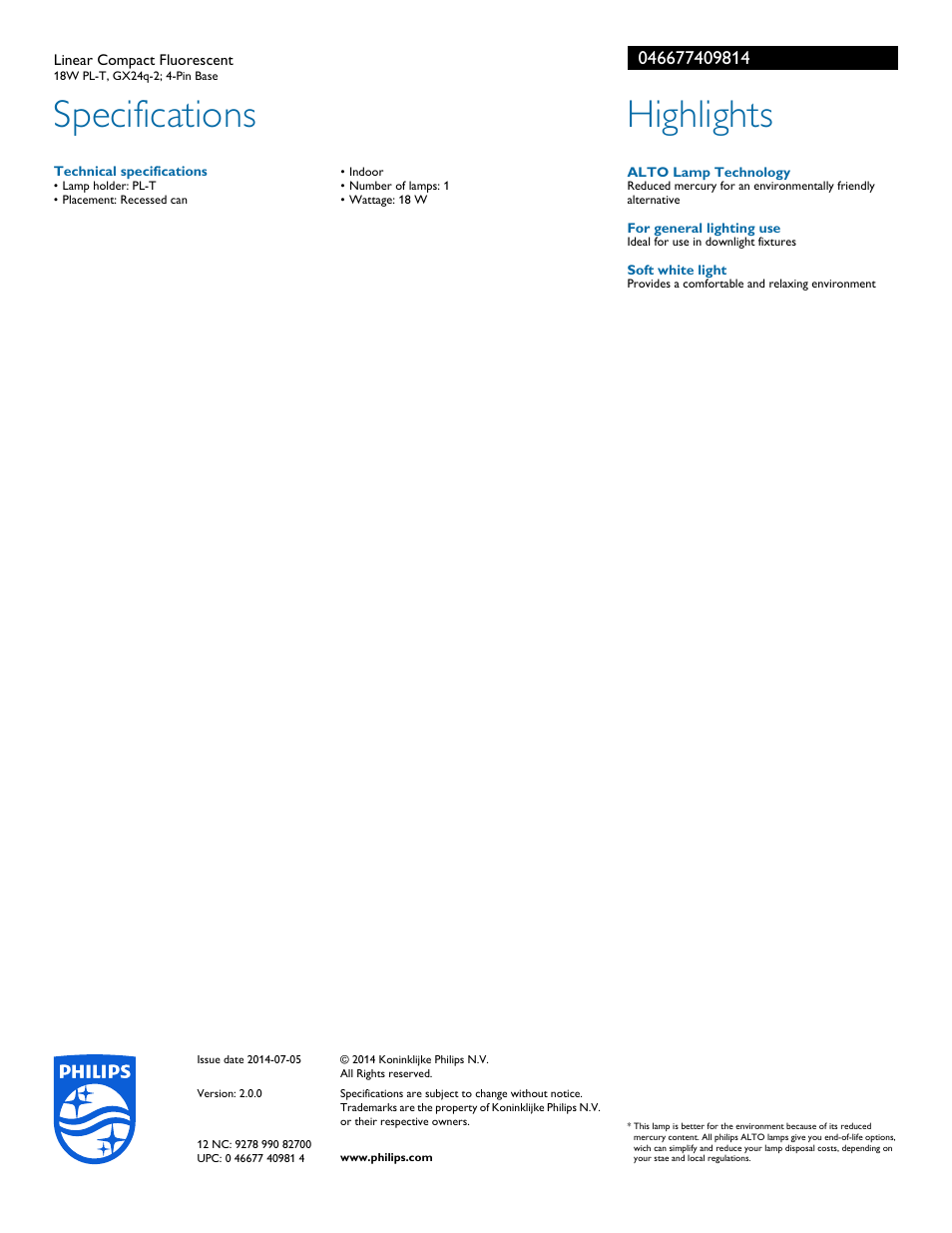 Specifications, Highlights | Philips EnergySaver Linear Compact Fluorescent 046677409814 18W PL-T GX24q-2; 4-Pin Base User Manual | Page 2 / 2