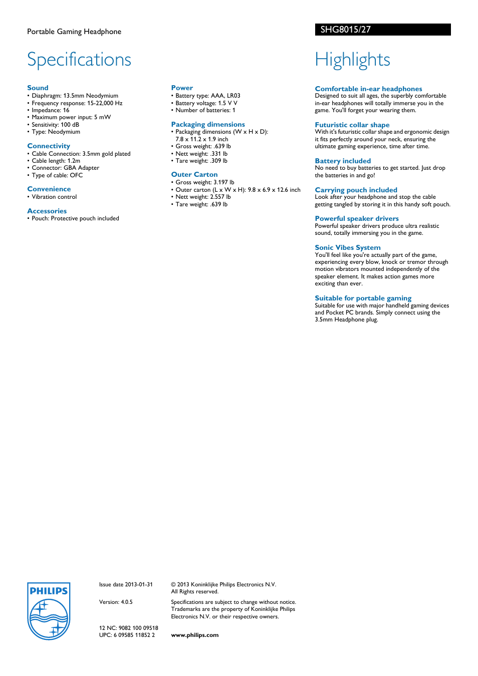 Specifications, Highlights | Philips SHG8015-27 User Manual | Page 2 / 2
