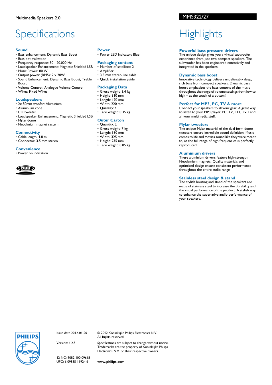 Specifications, Highlights | Philips MMS322-27 User Manual | Page 2 / 2