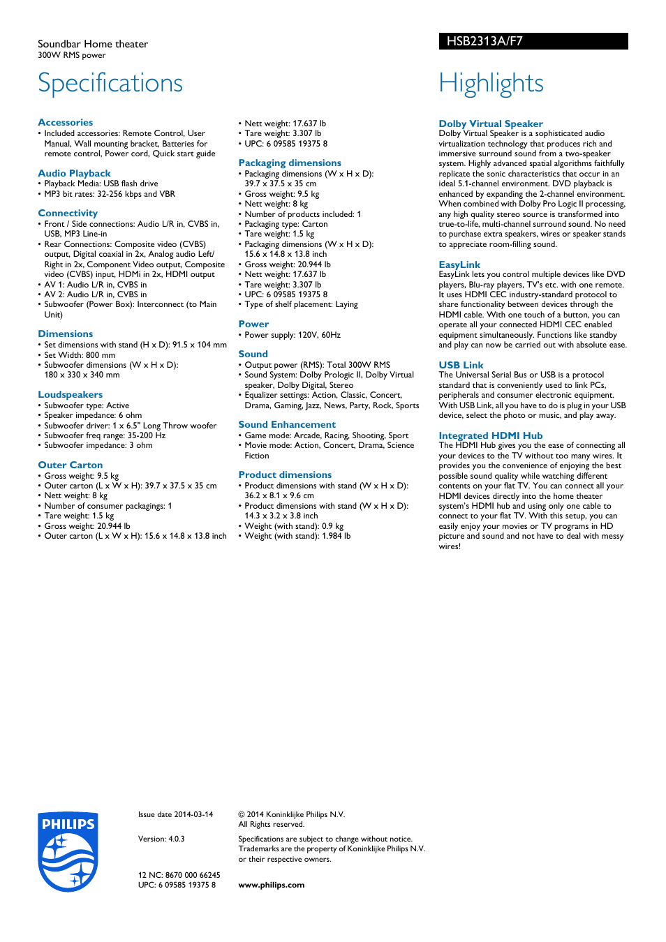 Specifications, Highlights | Philips HSB2313A-F7 User Manual | Page 2 / 2