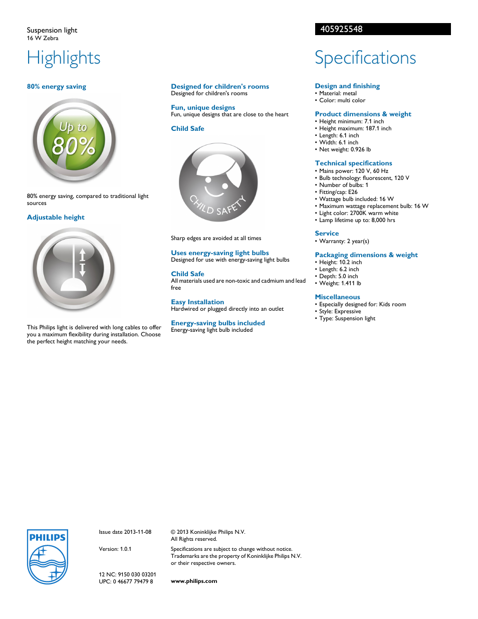 Highlights, Specifications | Philips 405925548 User Manual | Page 2 / 2
