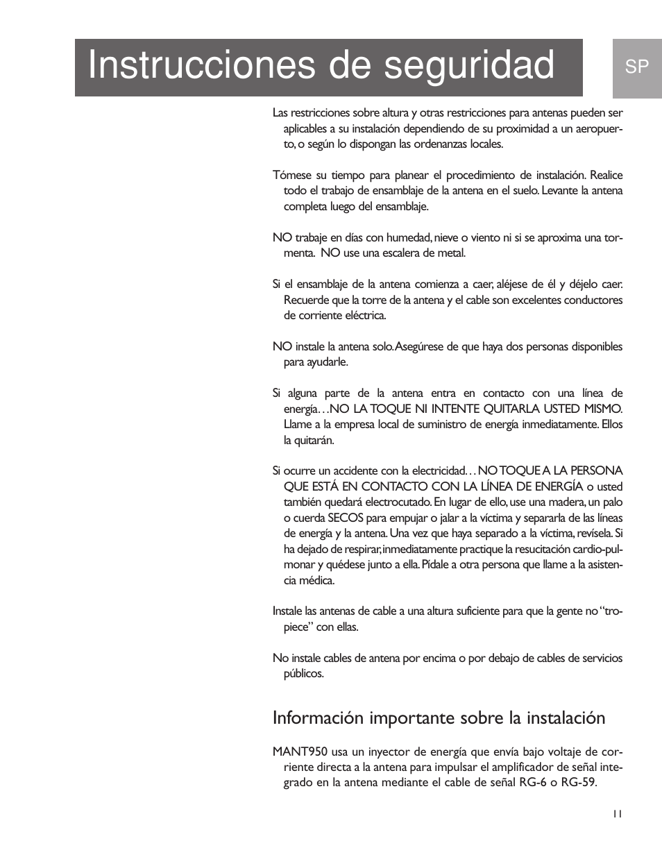 Instrucciones de seguridad, Información importante sobre la instalación | Philips US2-MANT950 User Manual | Page 11 / 16