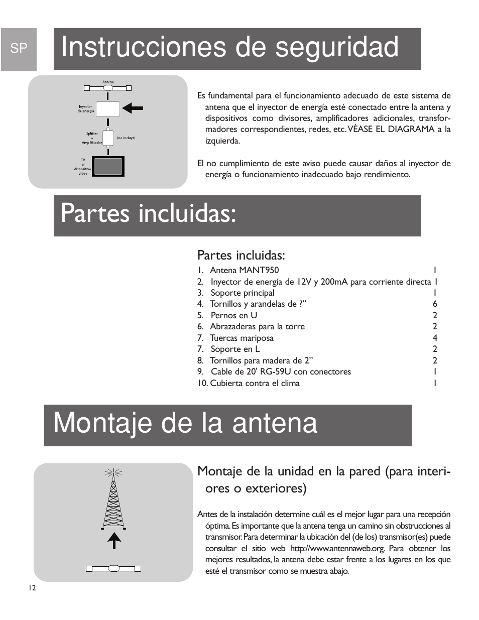 Partes incluidas | Philips US2-MANT950 User Manual | Page 12 / 16