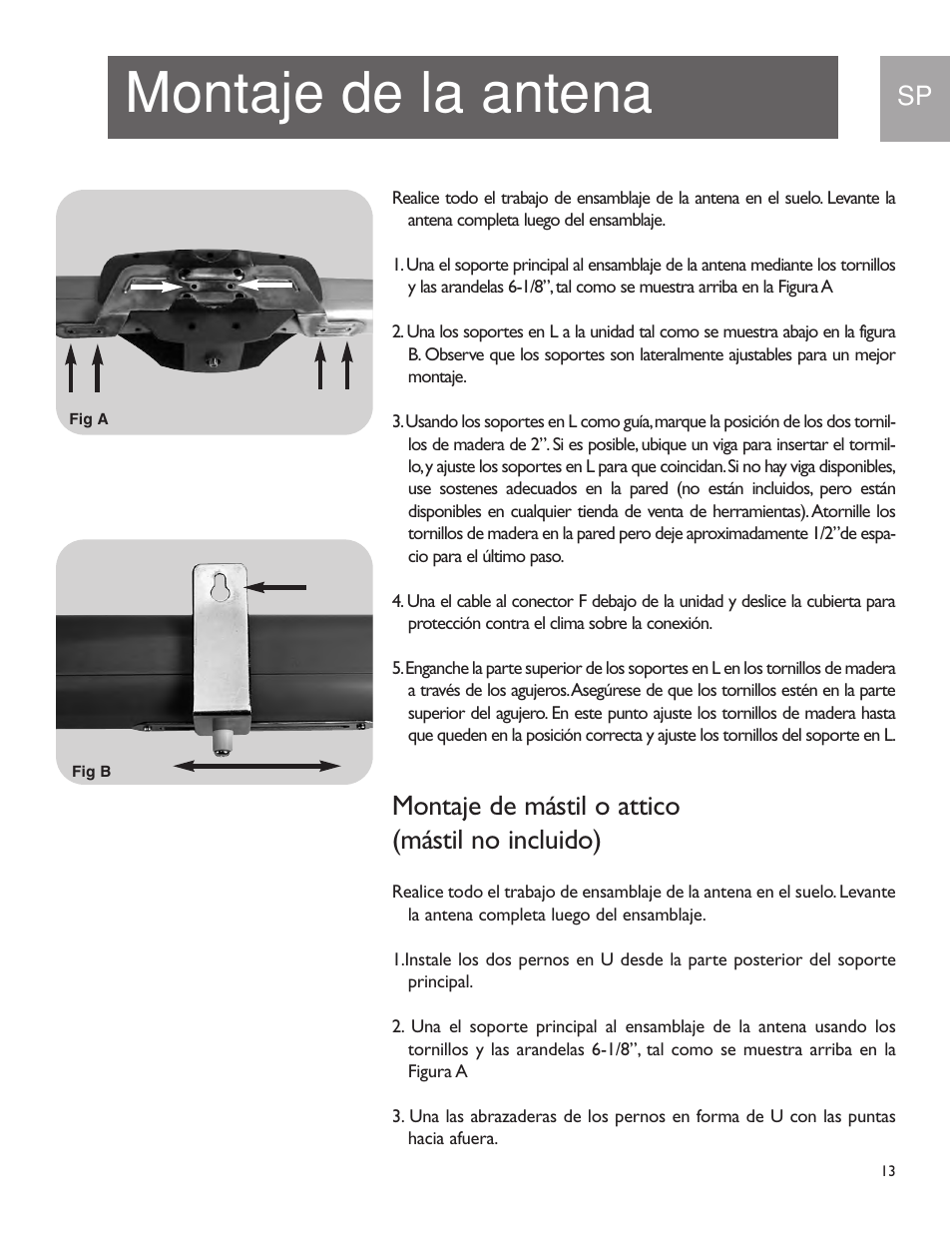 Montaje de la antena, Montaje de mástil o attico (mástil no incluido) | Philips US2-MANT950 User Manual | Page 13 / 16