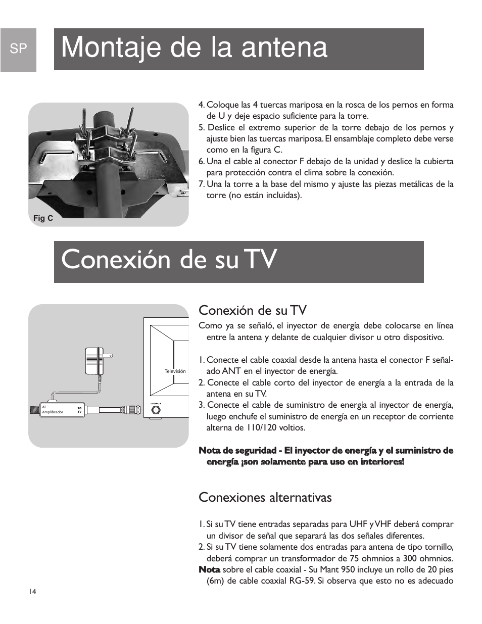 Montaje de la antena, Conexión de su tv, Conexiones alternativas | Philips US2-MANT950 User Manual | Page 14 / 16