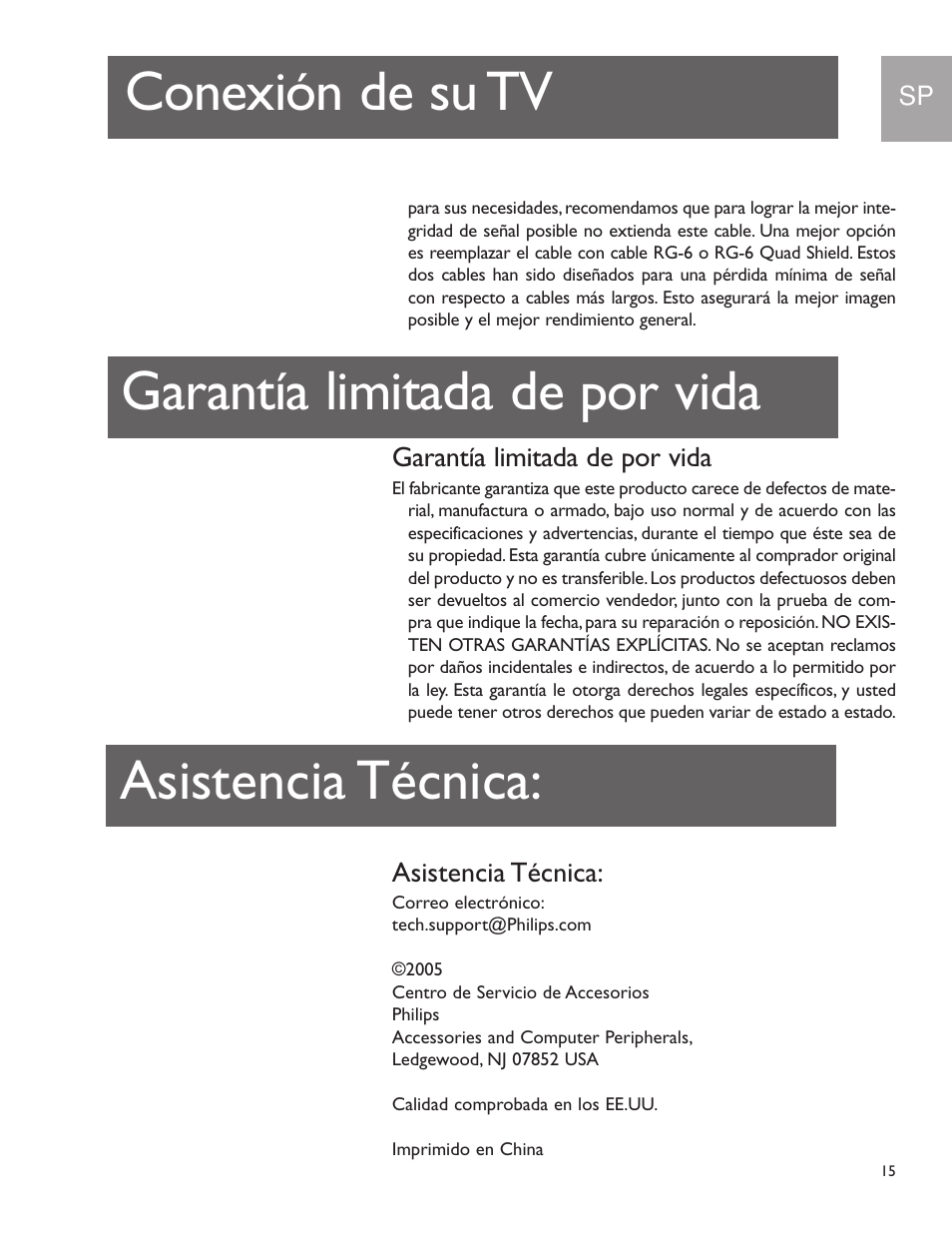 Conexión de su tv, Garantía limitada de por vida asistencia técnica | Philips US2-MANT950 User Manual | Page 15 / 16