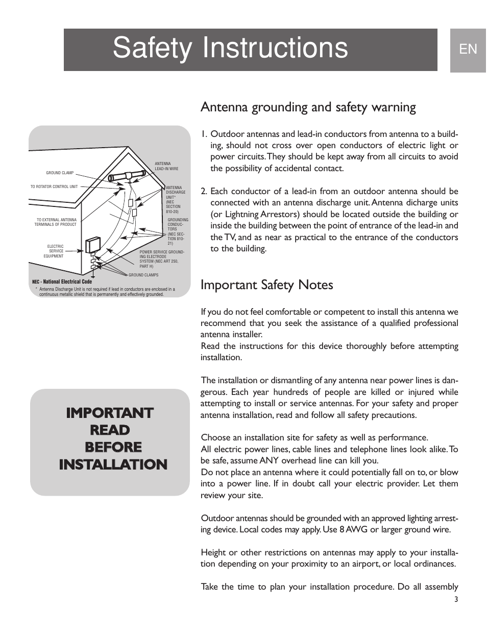 Safety instructions, Antenna grounding and safety warning | Philips US2-MANT950 User Manual | Page 3 / 16