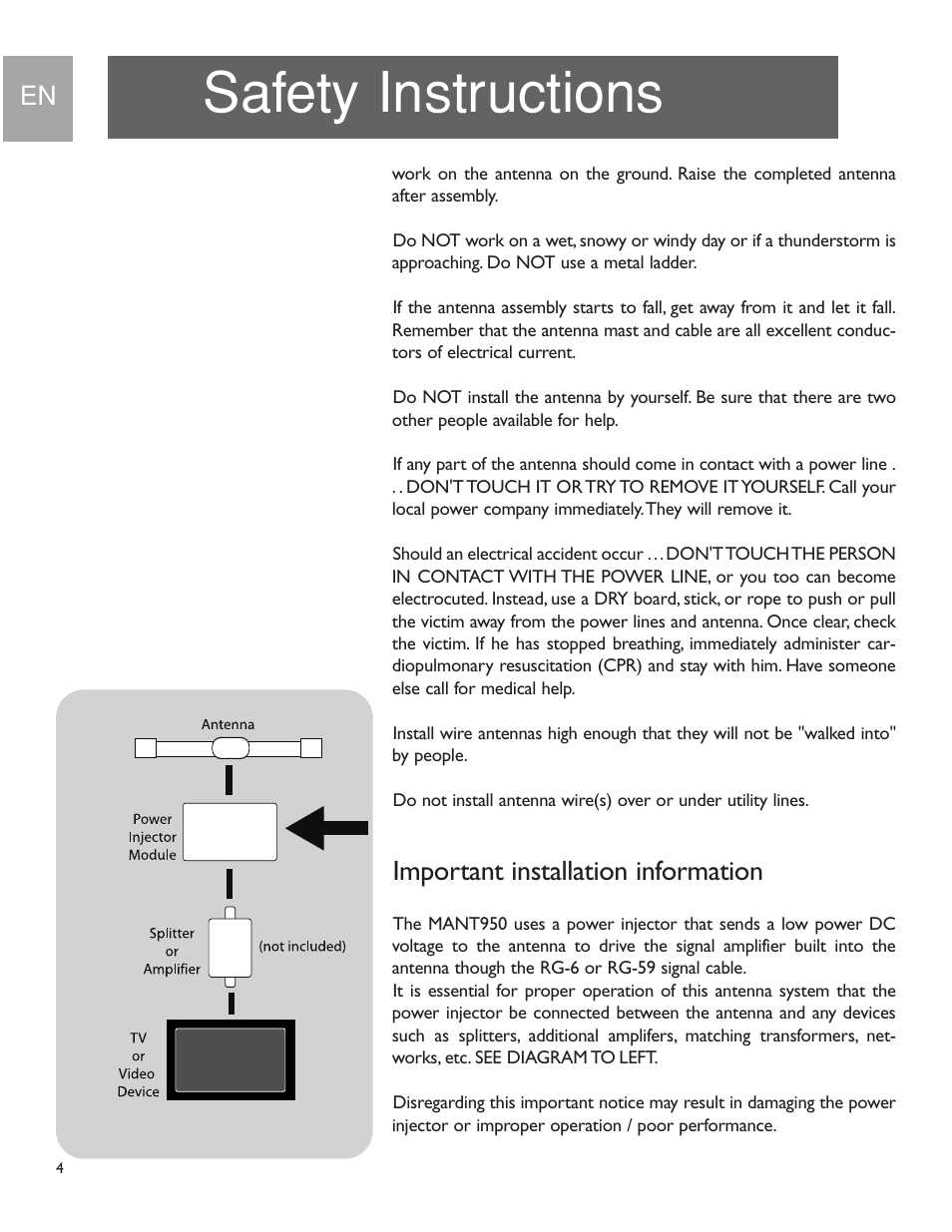 Safety instructions, Important installation information | Philips US2-MANT950 User Manual | Page 4 / 16