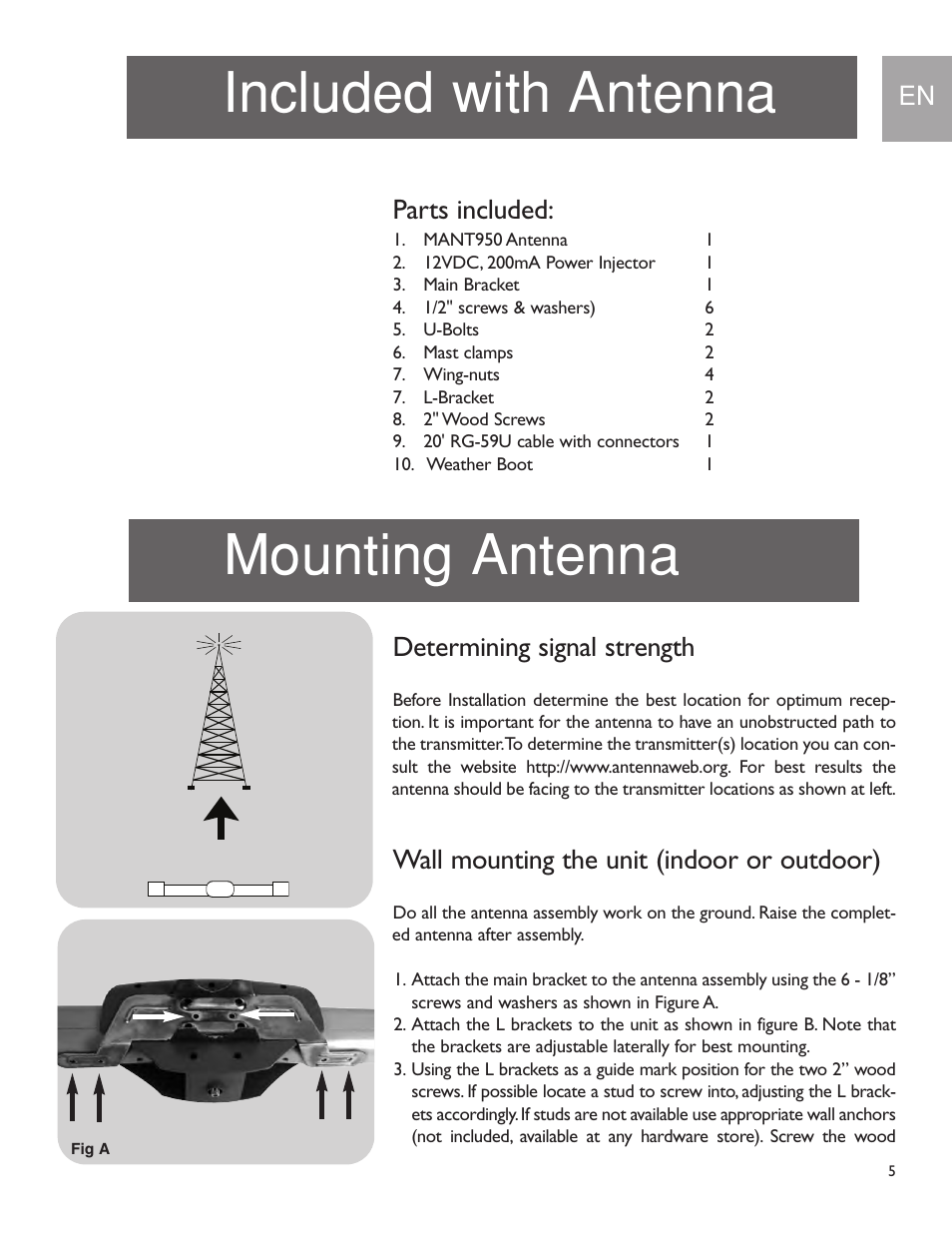 Included with antenna mounting antenna, Parts included, Determining signal strength | Wall mounting the unit (indoor or outdoor) | Philips US2-MANT950 User Manual | Page 5 / 16