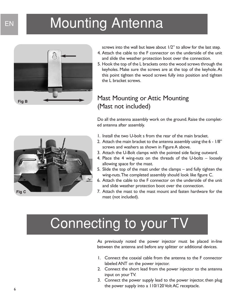 Mounting antenna, Connecting to your tv | Philips US2-MANT950 User Manual | Page 6 / 16