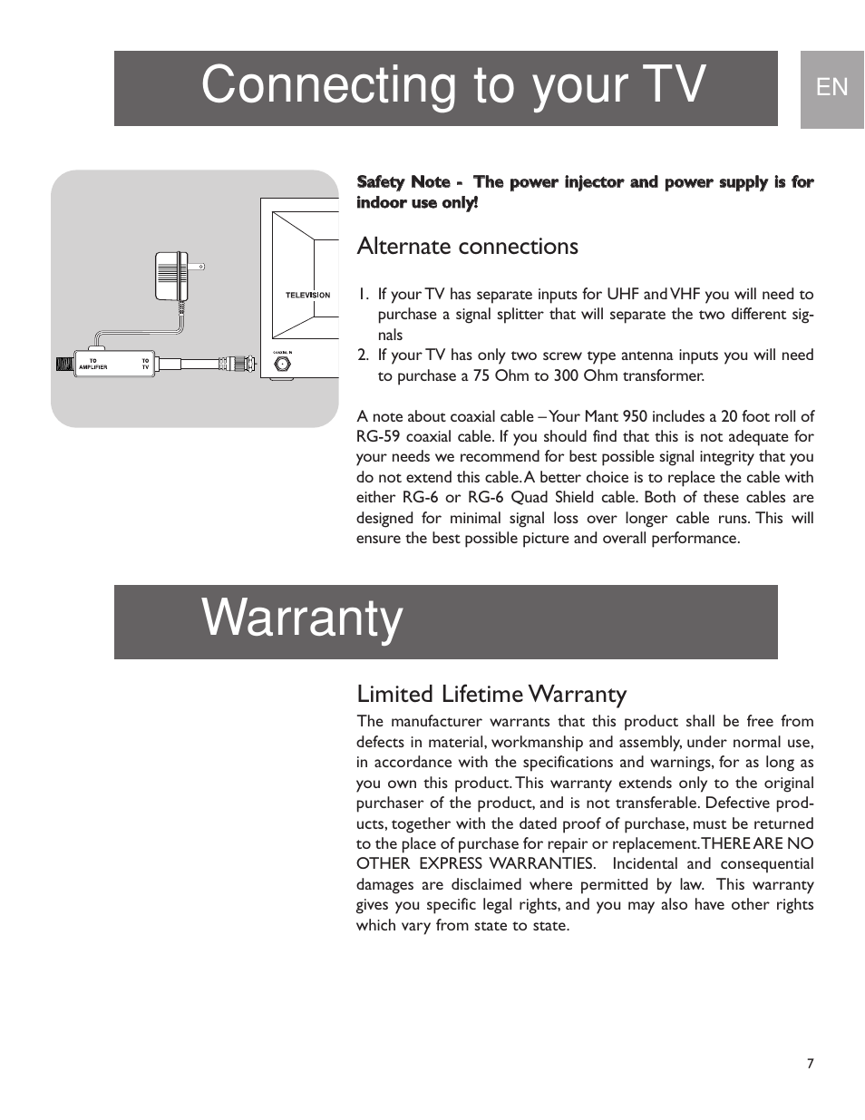 Connecting to your tv, Warranty, Alternate connections | Limited lifetime warranty | Philips US2-MANT950 User Manual | Page 7 / 16