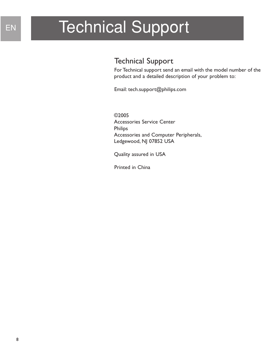 Technical support | Philips US2-MANT950 User Manual | Page 8 / 16