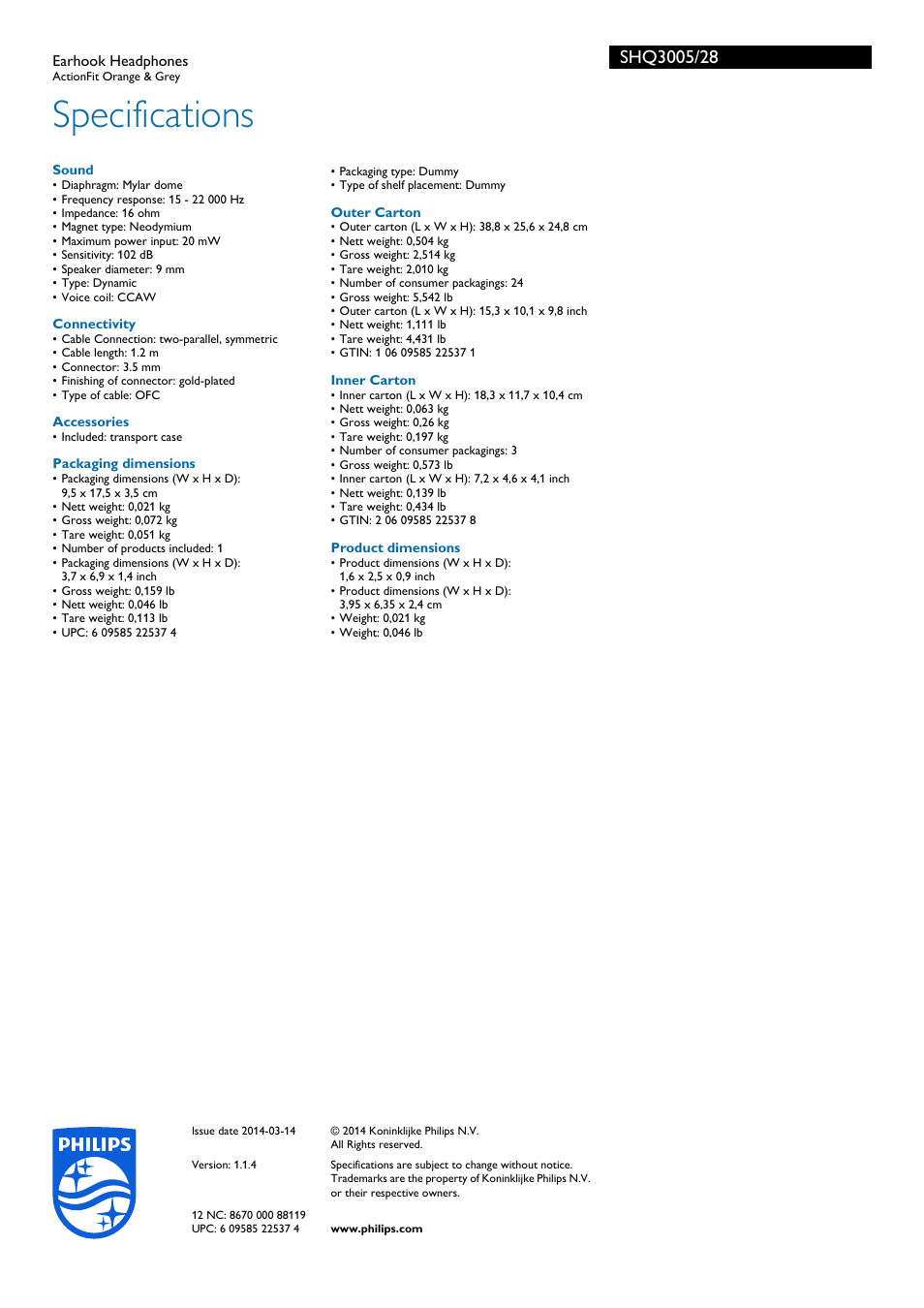 Specifications | Philips SHQ3005-28 User Manual | Page 3 / 3