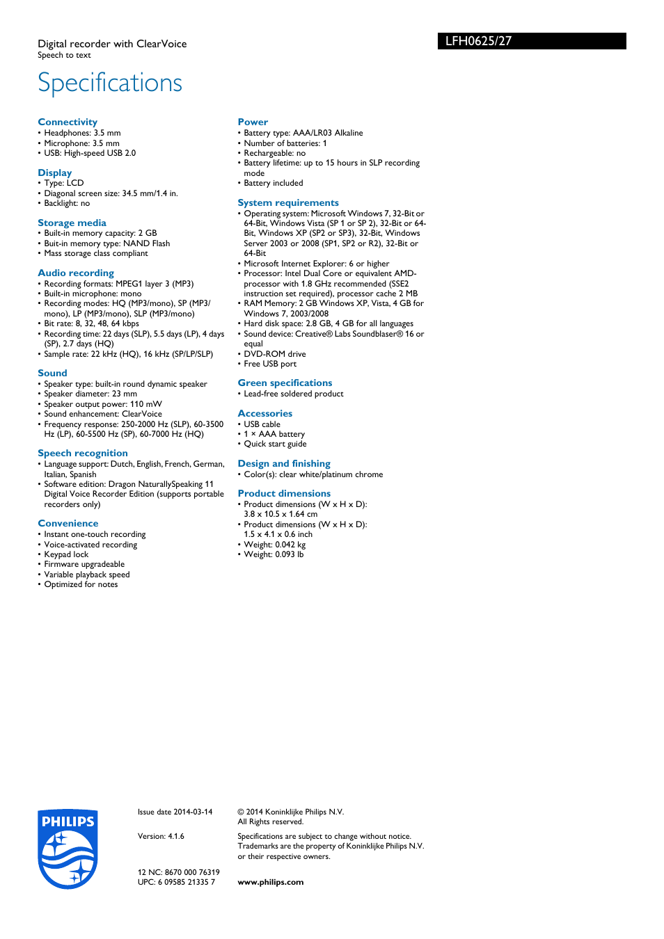 Specifications | Philips LFH0625-27 User Manual | Page 3 / 3