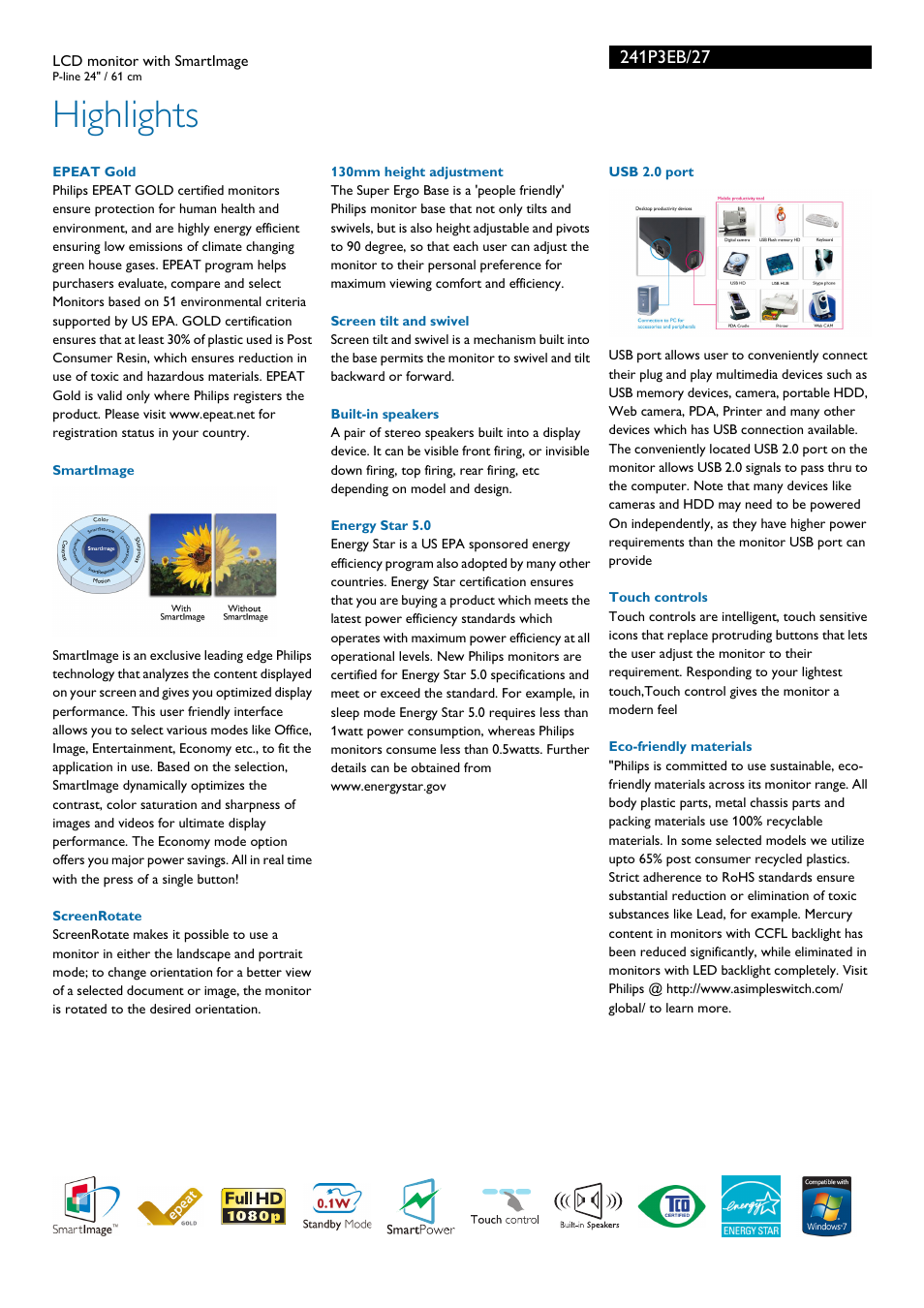 Highlights | Philips Brilliance LCD monitor 241P3EB P-line 24" - 61 cm with SmartImage User Manual | Page 2 / 3