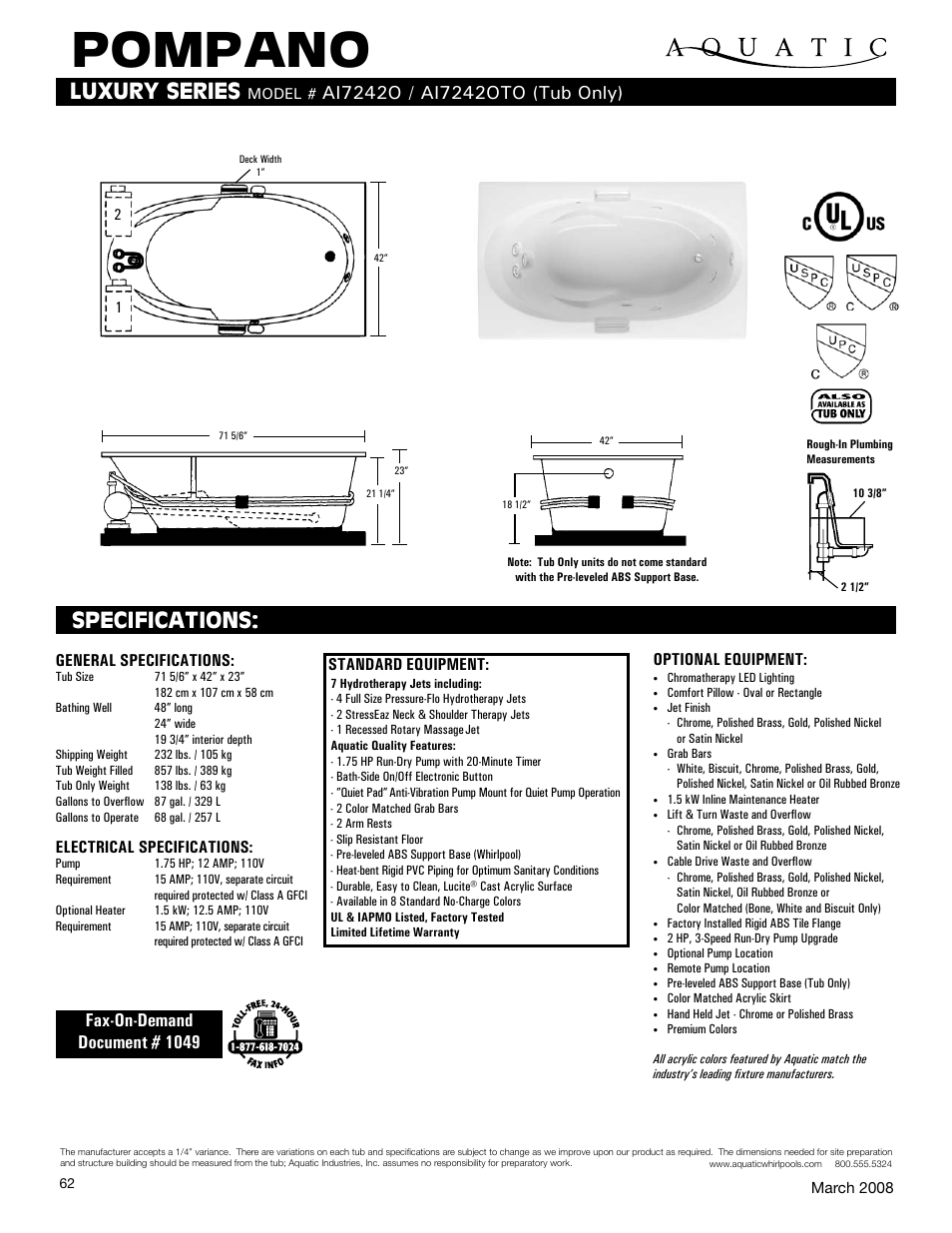 Aquatic AI7242OTO User Manual | 1 page