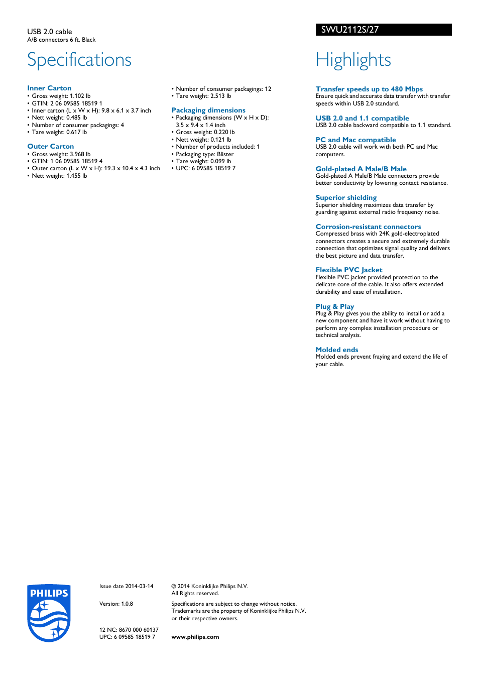 Specifications, Highlights | Philips SWU2112S-27 User Manual | Page 2 / 2