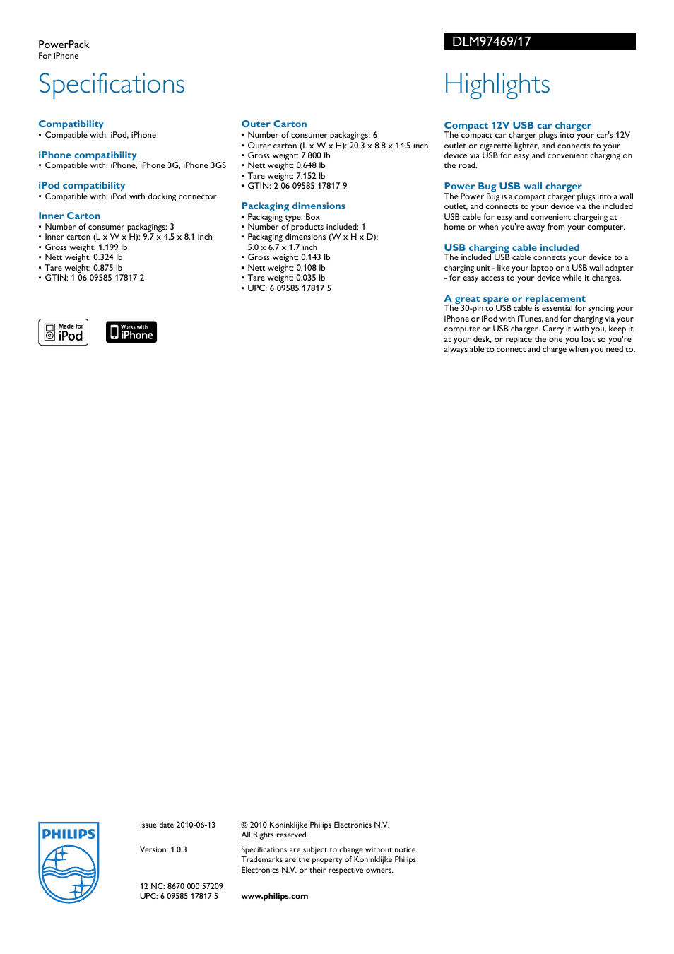 Specifications, Highlights | Philips DLM97469-17 User Manual | Page 2 / 2