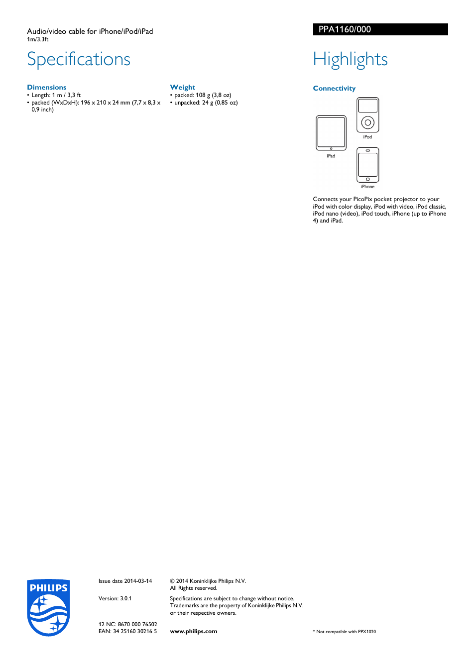 Specifications, Highlights | Philips PPA1160-000 User Manual | Page 2 / 2