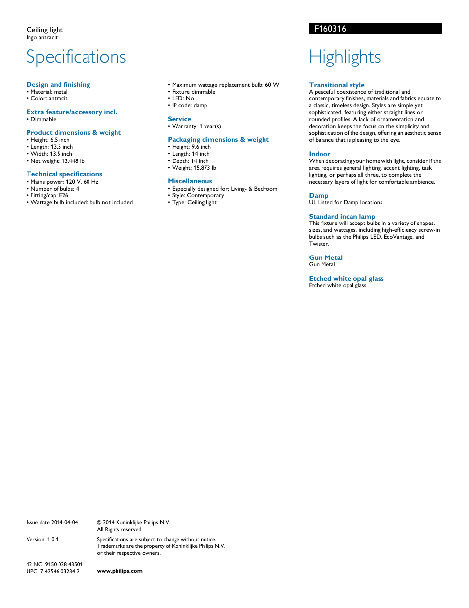 Specifications, Highlights | Philips F160316 User Manual | Page 2 / 2