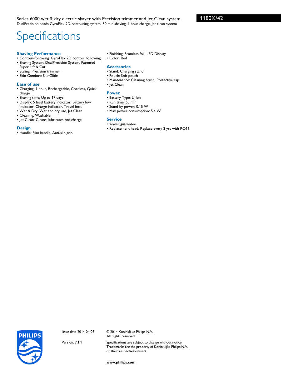 Specifications | Philips 1180X-42 User Manual | Page 3 / 3