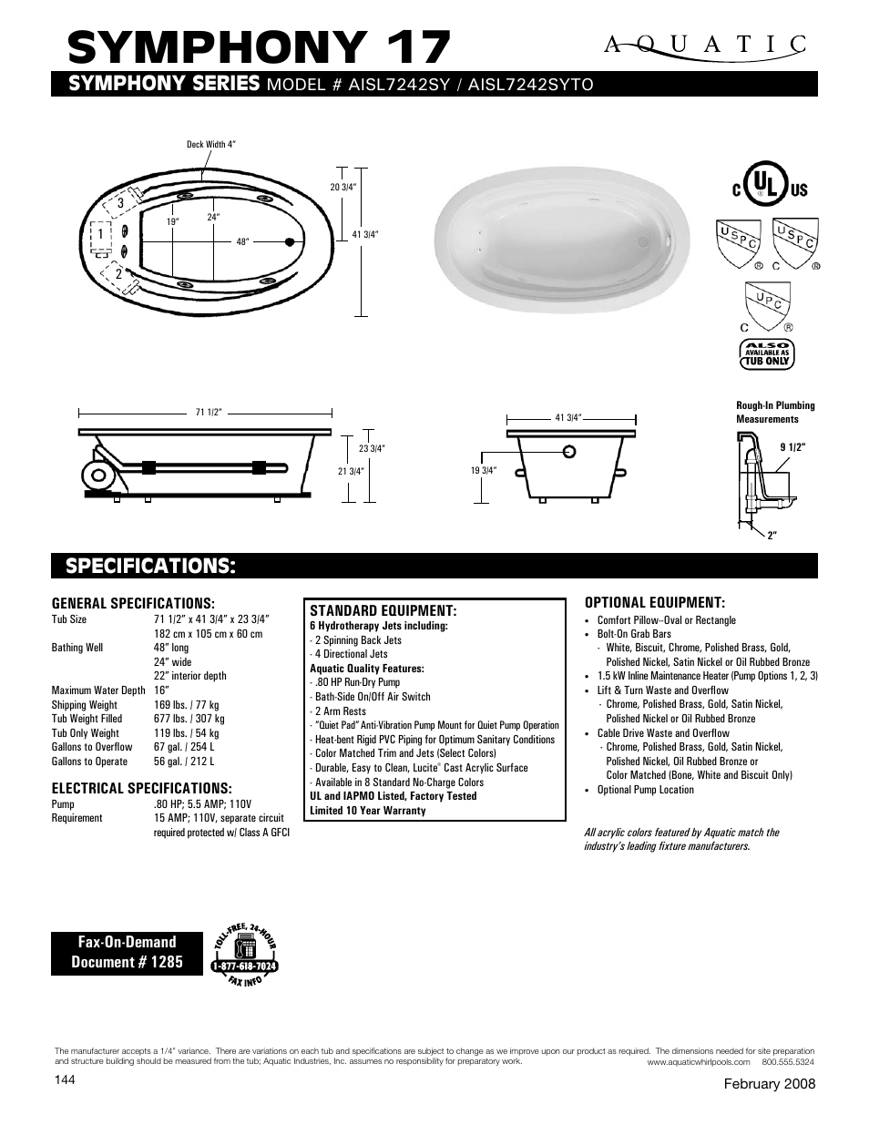 Aquatic SYMPHONY 17 AISl7242SY User Manual | 1 page