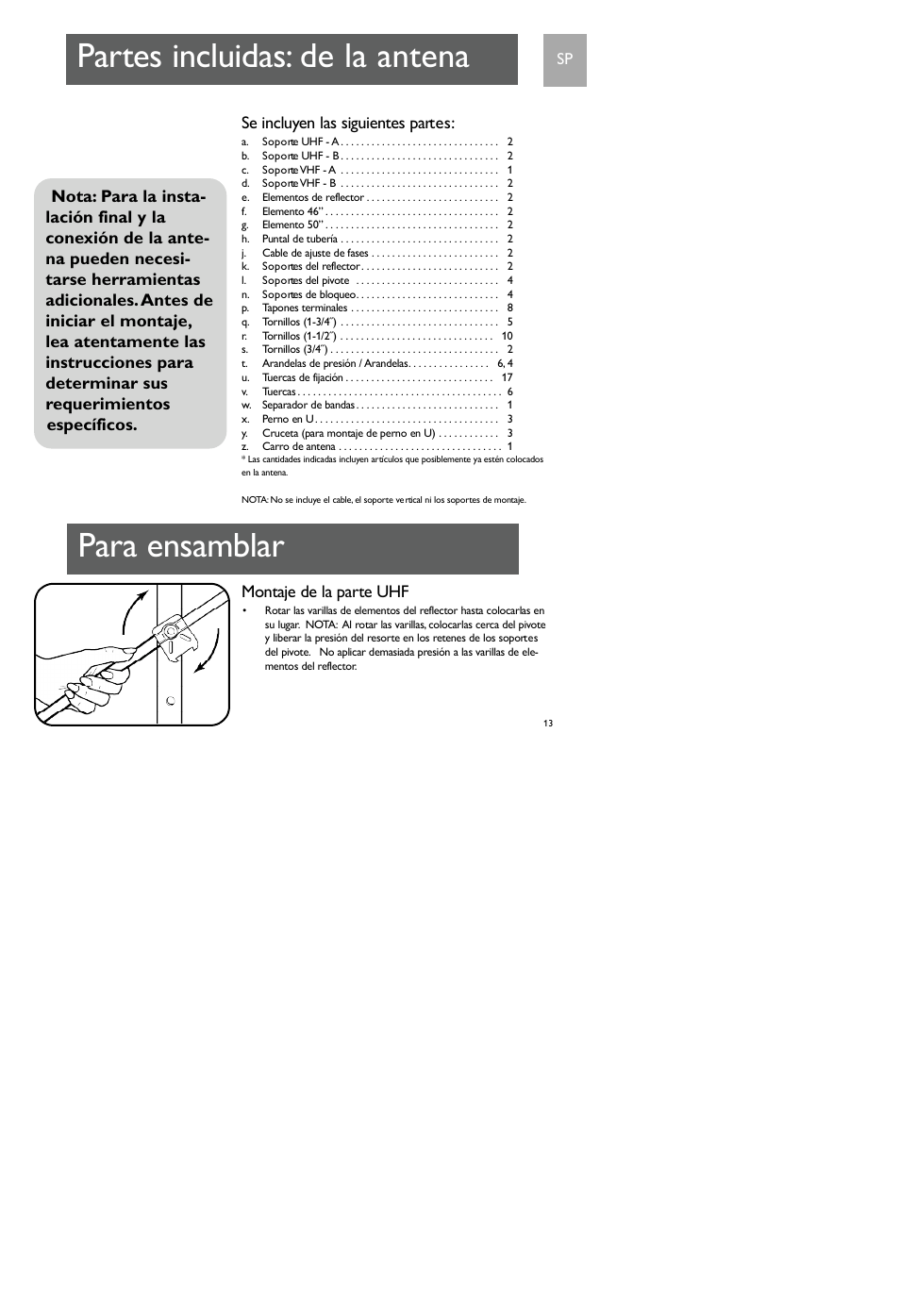 P a rtes incluidas: de la antena, Para ensamblar, Se incluyen las siguientes part e s | Montaje de la parte uhf | Philips SDV7700K-17 User Manual | Page 13 / 28