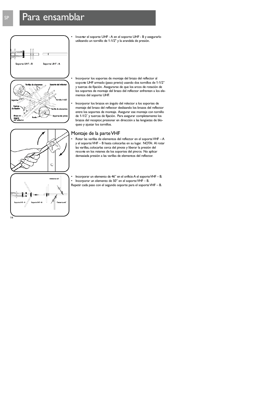 Para ensamblar, Montaje de la parte v h f | Philips SDV7700K-17 User Manual | Page 14 / 28