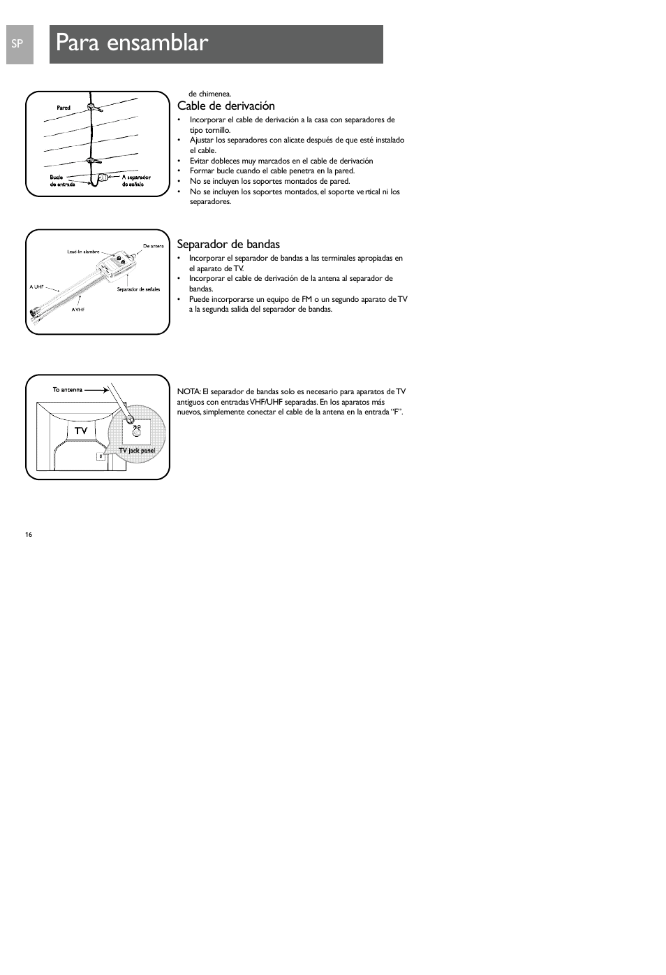 Para ensamblar, Cable de derivación, Separador de bandas | Philips SDV7700K-17 User Manual | Page 16 / 28