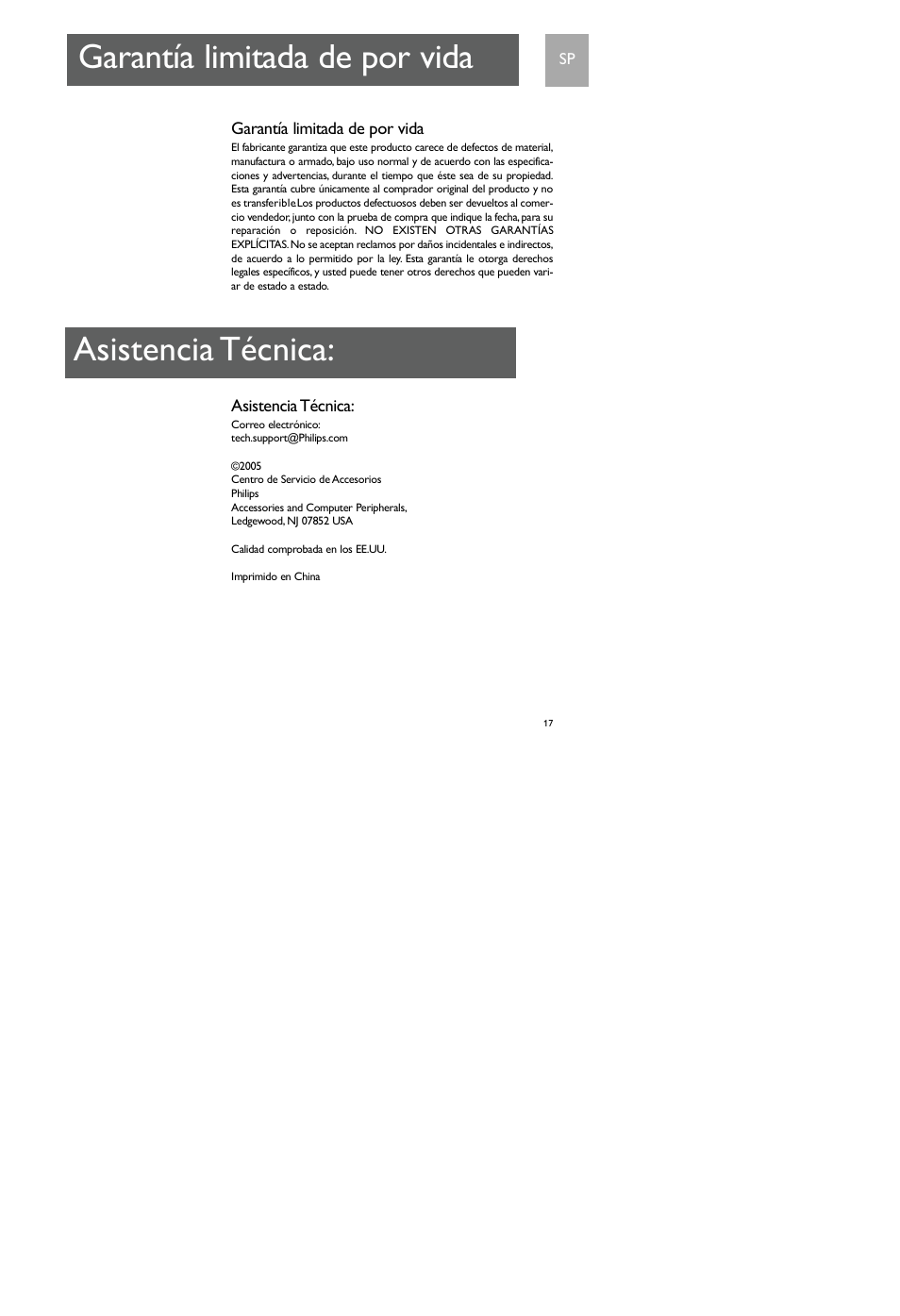 Garantía limitada de por vida asistencia técnica | Philips SDV7700K-17 User Manual | Page 17 / 28