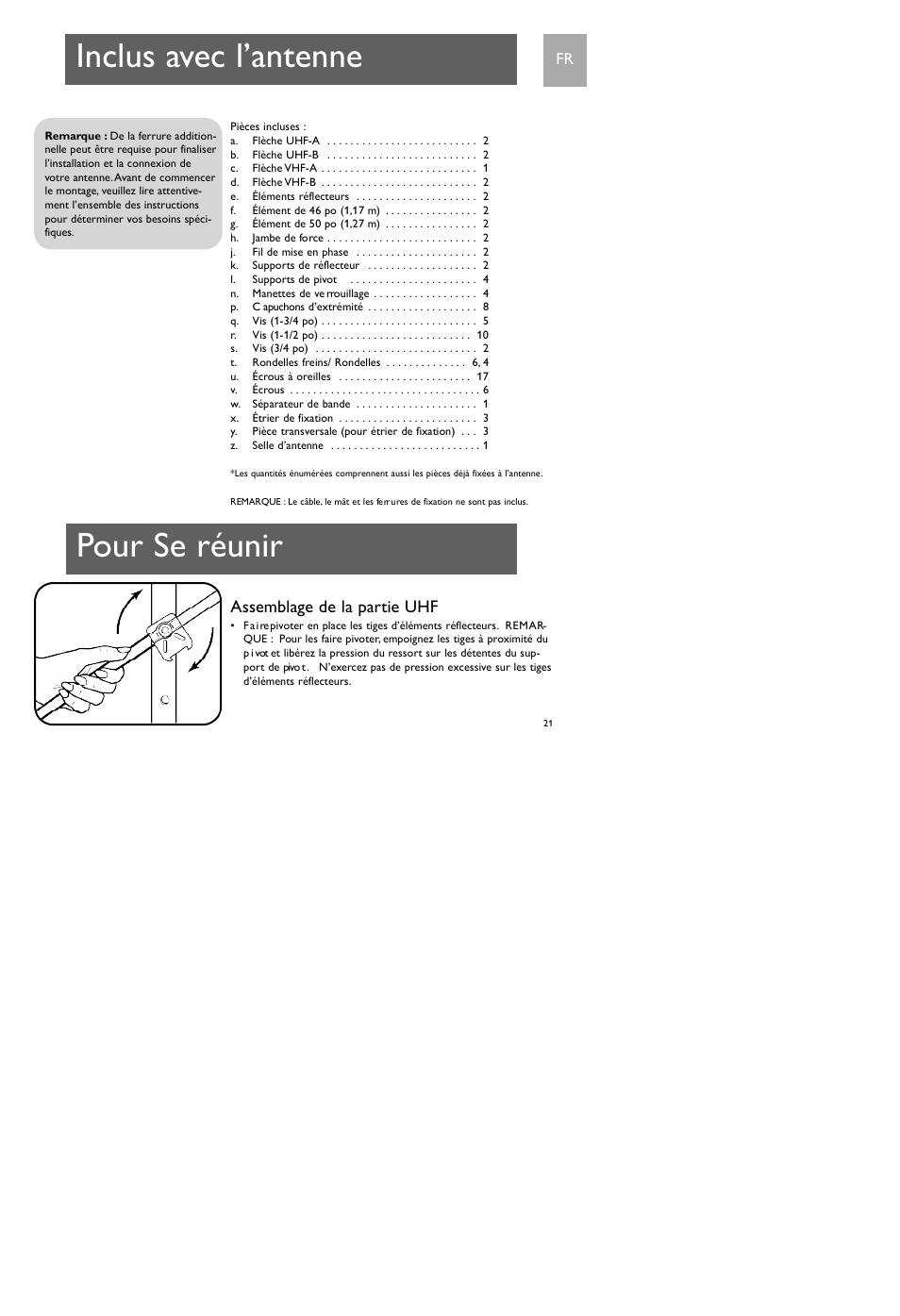 Inclus avec l’antenne, Pour se réunir, Assemblage de la partie uhf | Philips SDV7700K-17 User Manual | Page 21 / 28