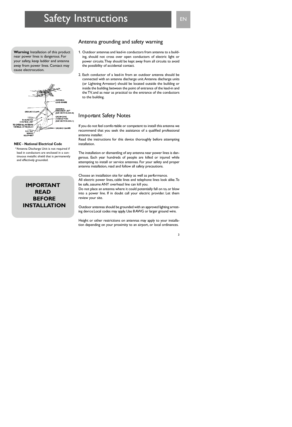 Safety instructions, Antenna grounding and safety warning | Philips SDV7700K-17 User Manual | Page 3 / 28