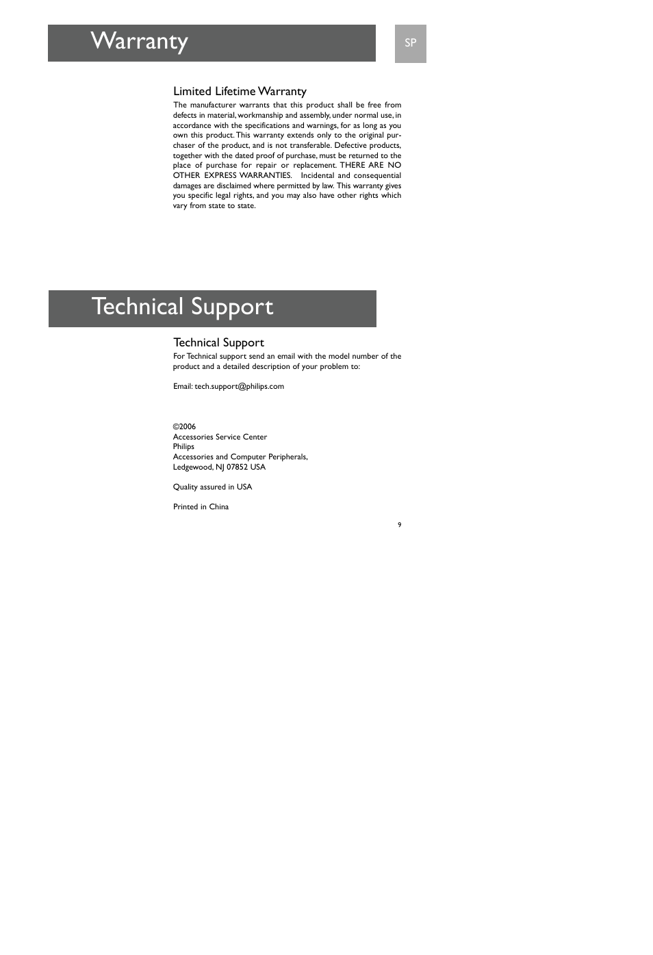 Warranty, Technical support | Philips SDV7700K-17 User Manual | Page 9 / 28