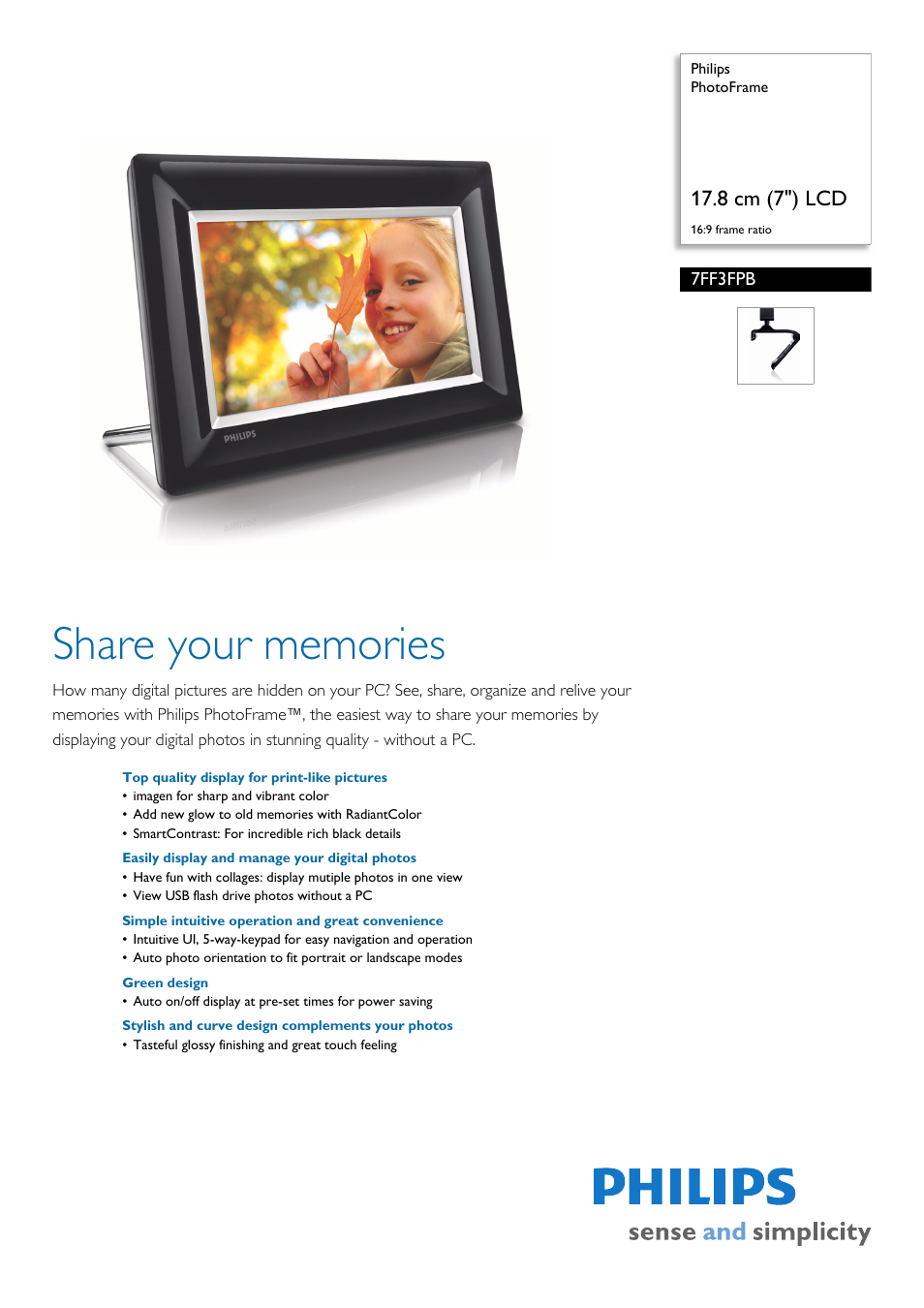 Philips 7" LCD 169 frame ratio PhotoFrame User Manual | 3 pages