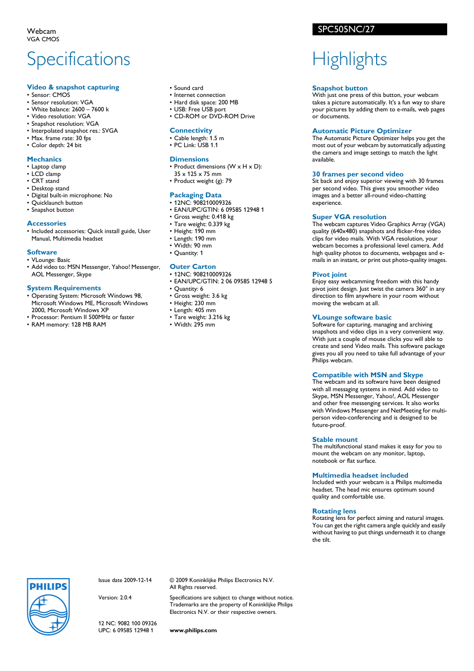 Specifications, Highlights | Philips SPC505NC-27 User Manual | Page 2 / 2