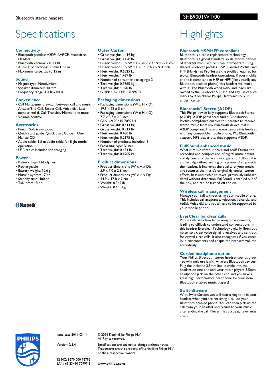 Specifications, Highlights | Philips SHB9001WT-00 User Manual | Page 2 / 2