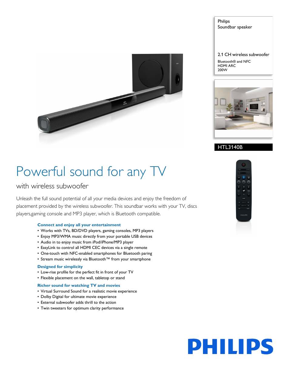 Philips Soundbar speaker HTL3140B 2.1 CH wireless subwoofer Bluetooth® and NFC HDMI ARC 200W User Manual | 3 pages