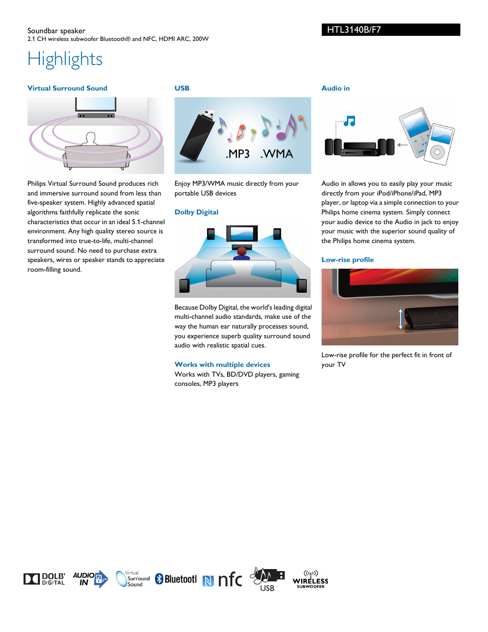 Highlights | Philips Soundbar speaker HTL3140B 2.1 CH wireless subwoofer Bluetooth® and NFC HDMI ARC 200W User Manual | Page 2 / 3