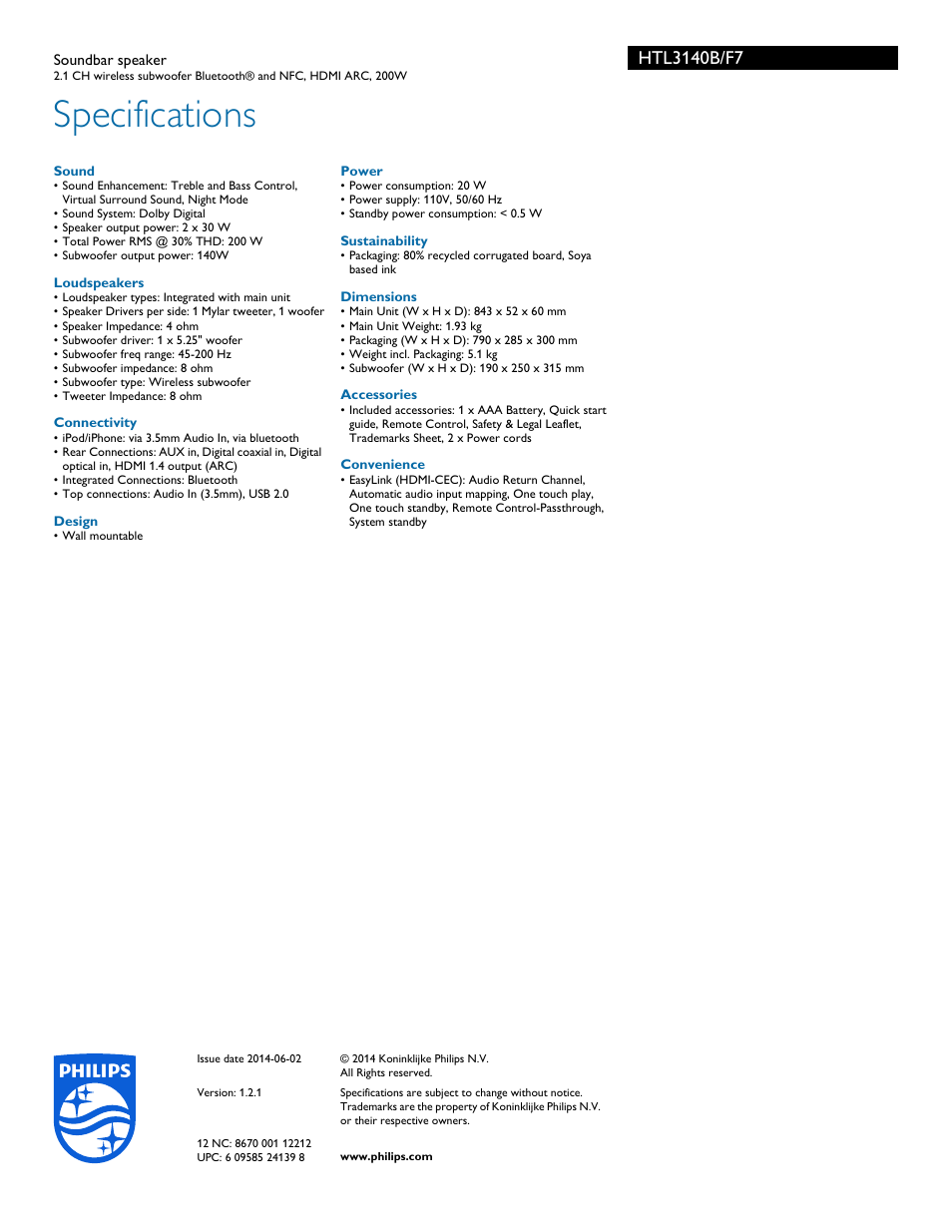 Specifications | Philips Soundbar speaker HTL3140B 2.1 CH wireless subwoofer Bluetooth® and NFC HDMI ARC 200W User Manual | Page 3 / 3