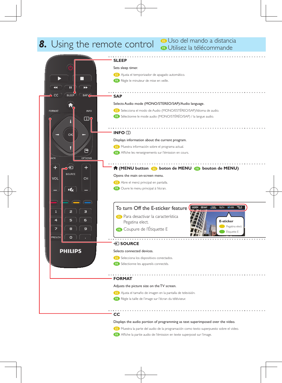 Using the remote control, Uso del mando a distancia, Utilisez la télécommande | Philips 24PFL4508-F7 User Manual | Page 3 / 8