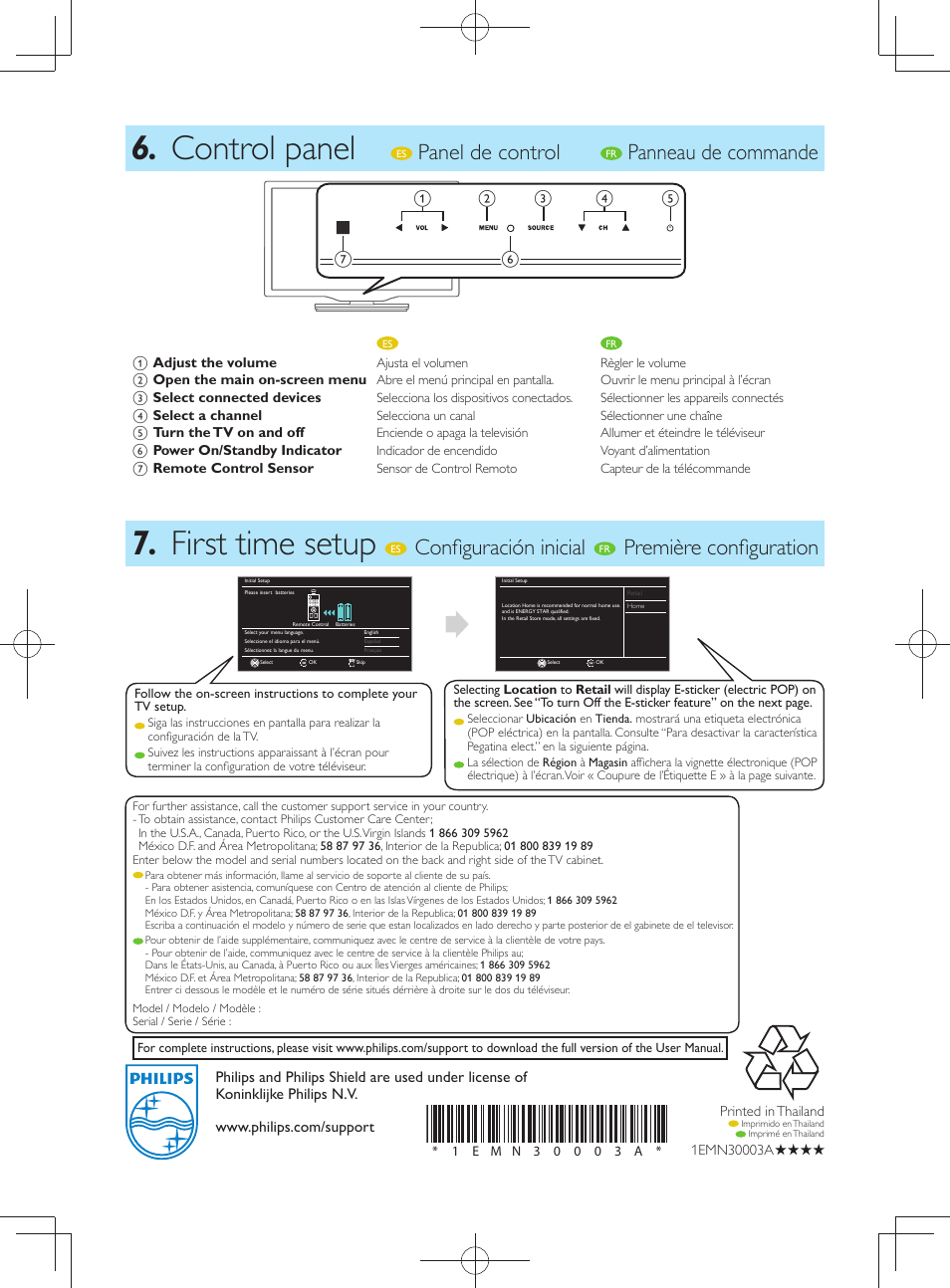 Control panel, First time setup, Panel de control | Panneau de commande, Confi guración inicial, Première confi guration | Philips 24PFL4508-F7 User Manual | Page 4 / 8