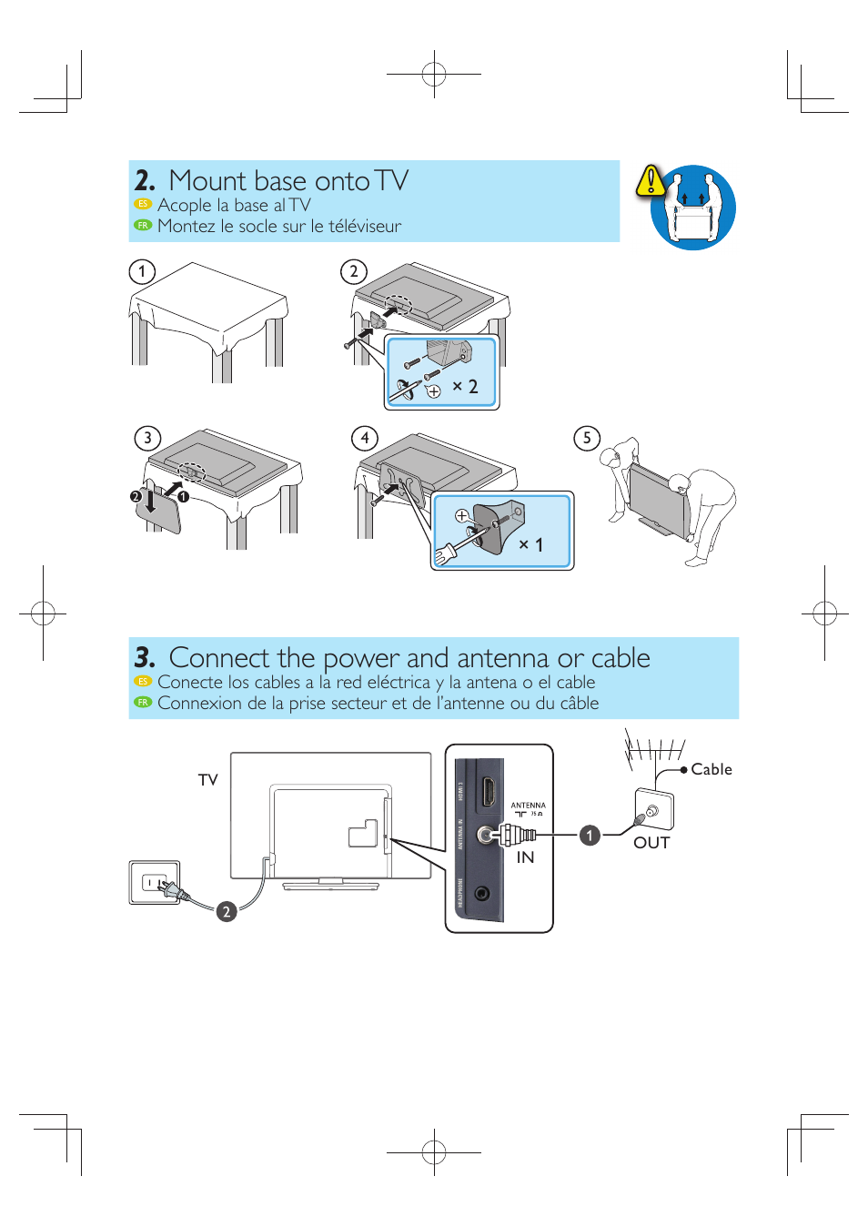 Mount base onto tv, Connect the power and antenna or cable, Ч 1 ч 2 | Acople la base al tv, Montez le socle sur le téléviseur | Philips 24PFL4508-F7 User Manual | Page 5 / 8