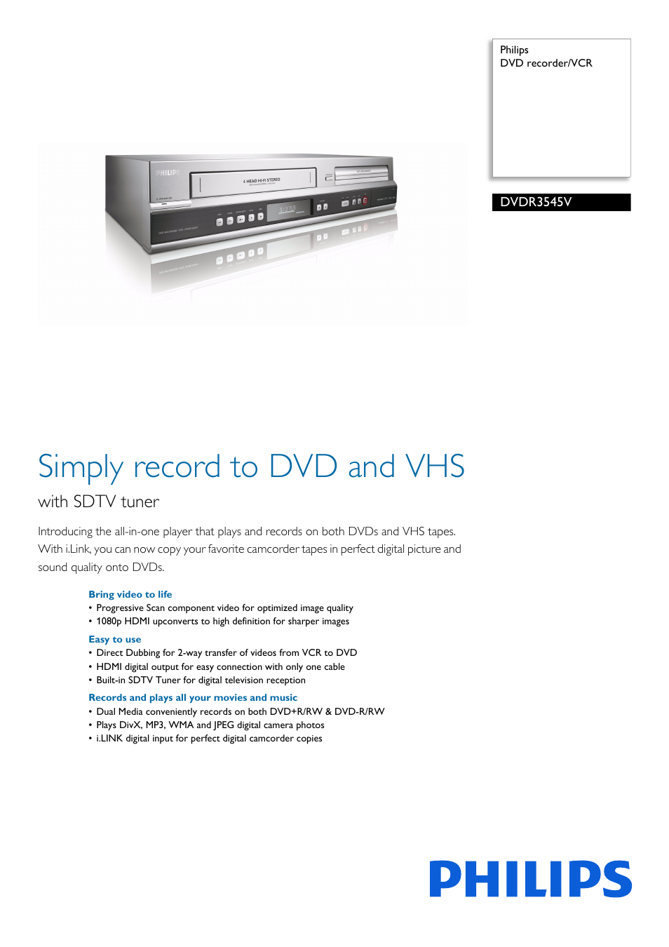 Philips DVDR3545V-F7E User Manual | 3 pages